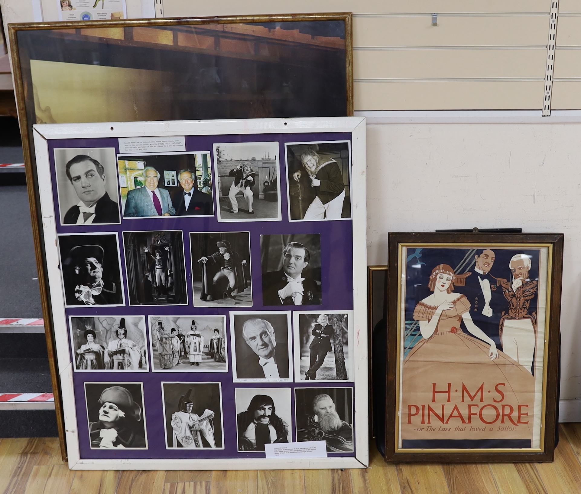 An early 20th century lithograph poster for Gilbert & Sullivan’s H.M.S. Pinafore, in an oak frame, together with a framed play bill, another framed poster, a large framed production photograph and a framed photo montage